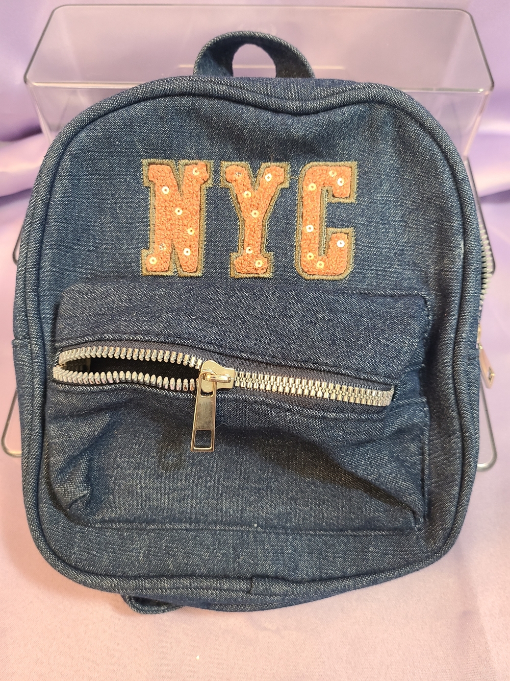 NYC Denim Mini Backpack with Peach Lettering